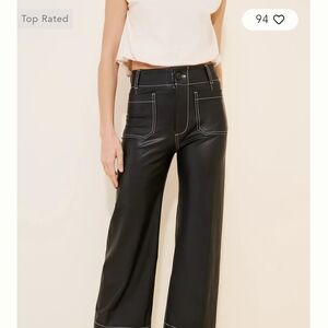 Maeve Collette -Wide-Leg Faux Leather Pants with Contrast Stitching - Black